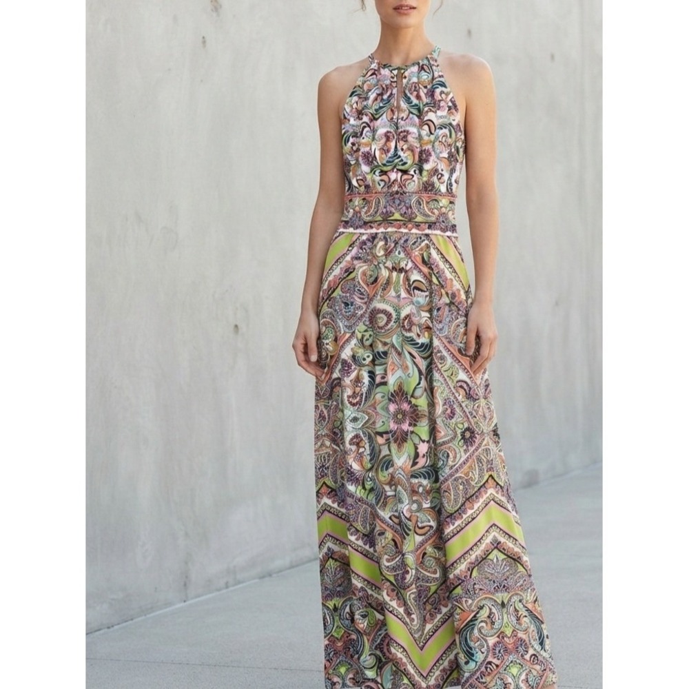 London Times Paisley Boho Halter Neck Sleeveless Maxi Dress Size 8